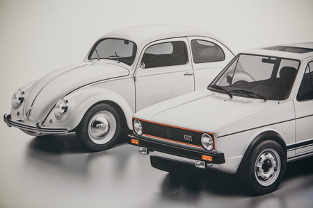 Berlin, August 29, 2018: A photo of an image of old-fashioned cars Volkswagen Beetle and Jetta...
