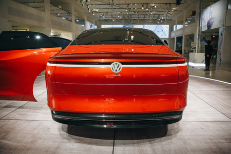 Berlin, August 29, 2018: The new Volkswagen I.D Vizzion concept sedan electric car presented at the official Auto Show Drive - Volkswagen Group Forum in Berlin.のeditorial素材