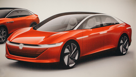 Berlin, August 29, 2018: Photo image of the new Volkswagen I.D Vizzion concept sedan electric car presented by the official Auto Show Drive - Volkswagen Group Forum in Berlin.のeditorial素材