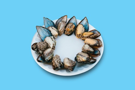 Delicious oyster food with rice on a plate on a blue background. Sea food.の写真素材
