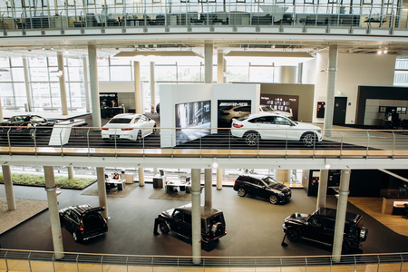 Berlin, August 29, 2018: Exhibition and sale of new cars in the official dealer center Mercedes-Benz in Berlin. A world-famous German company specializing in the production of luxury cars.のeditorial素材