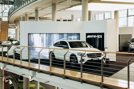 Berlin, August 29, 2018: Exhibition and sale of new cars in the official dealer center Mercedes-Benz in Berlin. A world-famous German company specializing in the production of luxury cars.のeditorial素材