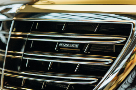 Berlin, August 29, 2018: A close-up of the Mercedes-Maybach sign. Luxury branded expensive car.のeditorial素材