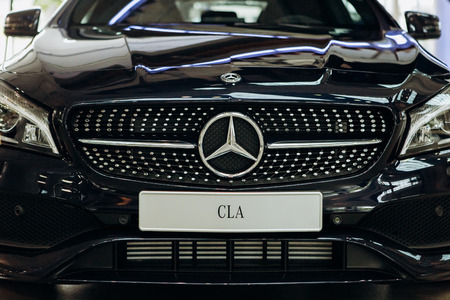Berlin, August 29, 2018: A close-up of the new black Mercedes-Benz CLA.のeditorial素材