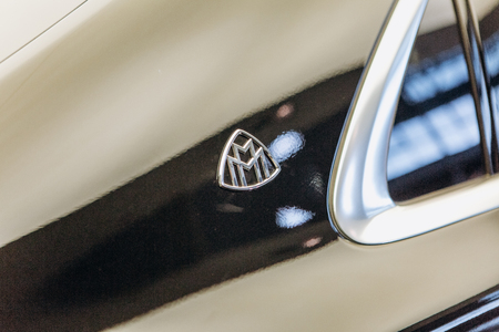 Berlin, August 29, 2018: A close-up of the Mercedes-Maybach sign. Luxury branded expensive car.のeditorial素材