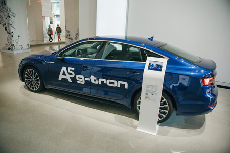 Berlin, August 29, 2018: New car Audi A5 g-tron presented at the official Auto Show Drive - Volkswagen Group Forum in Berlin.のeditorial素材