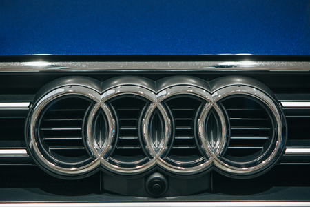 Berlin, August 29, 2018: Close-up of a front sign or emblem on a new Audi A5 g-tronのeditorial素材