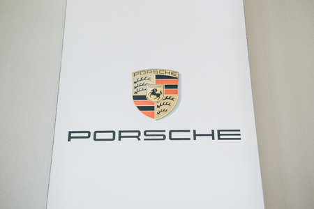 Berlin, August 29, 2018: The sign or banner of Porsche at the exhibition Drive - Volkswagen groups forum in Berlin.のeditorial素材