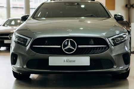 Berlin, August 29, 2018: Exhibition and sale of new cars in the official dealer center Mercedes-Benz in Berlin. A world-famous German company specializing in the production of luxury cars.のeditorial素材