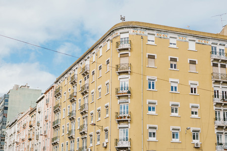 Residential building with balconies in Lisbon in Portugal. European housing.の写真素材