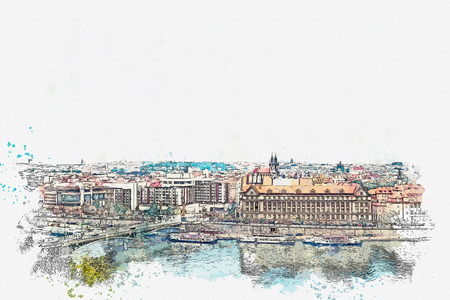 illustration of a beautiful view of Prague in the Czech Republic. Watercolor sketchの写真素材