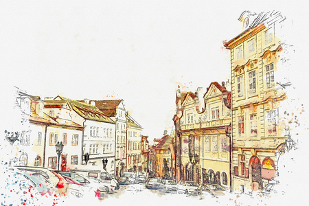 illustration or watercolor sketch. Traditional old architecture in Prague in the Czech Republic. European architecture.の写真素材
