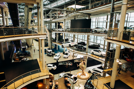 Berlin, August 29, 2018: Exhibition and sale of new cars in the official dealer center Mercedes-Benz in Berlin. A world-famous German company specializing in the production of luxury cars.のeditorial素材