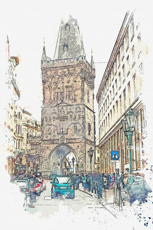 illustration Powder tower or Powder gate in Prague in the Czech Republic. An architectural monument of the 15th century. It is located on the Republic Square. At the gate begins Celetna Street.の写真素材