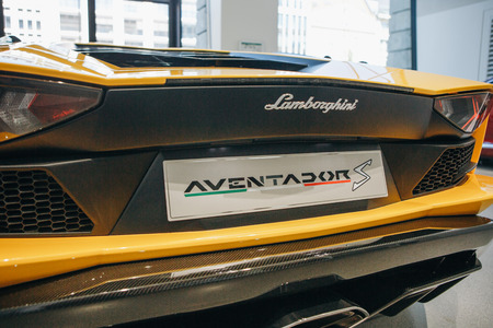 Berlin, August 29, 2018: Close-up of the emblem of Lamborghini Aventador S. Official Auto Show Drive - Volkswagen Group Forum in Berlinのeditorial素材