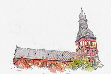 Watercolor sketch or illustration of the Dome Cathedral in Riga in Latvia. An old religious building built in the 13th century. One of the sights of the city.の写真素材