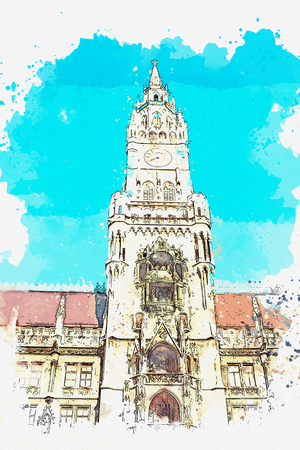 A watercolor sketch or illustration. Town Hall Marienplatz in the central square of Munich. Germany.の写真素材