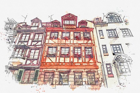 A watercolor sketch or an illustration of traditional German architecture in Nuremberg in Germany.の写真素材