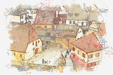 A watercolor sketch or an illustration of the traditional architecture in Cesky Krumlov in the Czech Republic.の写真素材