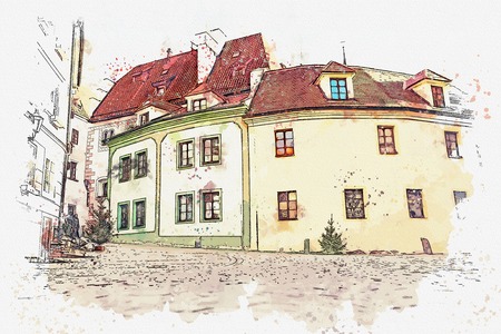 A watercolor sketch or an illustration of the traditional architecture in Cesky Krumlov in the Czech Republic.の写真素材