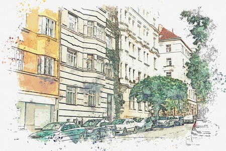 illustration Traditional street with houses and road in Lisbon in Portugalの写真素材