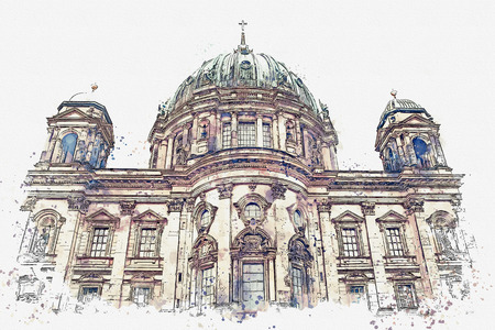 A watercolor sketch or illustration of the Berlin Cathedral called Berliner Dom. Berlin, Germany. City architecture.の写真素材