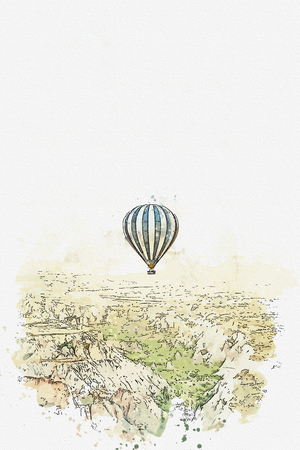 A watercolor sketch or illustration. Hot air balloon in the sky in Kapadokia in Turkey. The famous tourist attraction of Cappadocia is an air flight.の写真素材