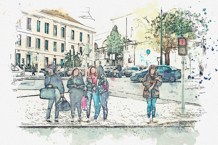 A watercolor sketch or illustration. Pedestrians cross street in Lisbon. Girls or company of friends stand on intersection. Traffic or traffic light redの写真素材
