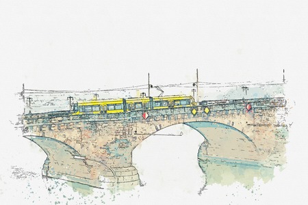 Traditional yellow tram rides over the bridge in Dresden in Germany.の写真素材