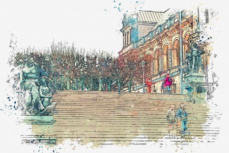A watercolor sketch or illustration. Attractions of Dresden. Tourist place. Beautiful staircase and architecture.の写真素材