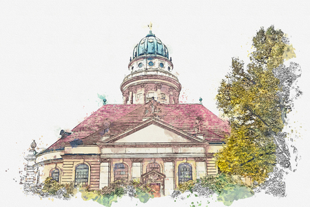 A watercolor sketch or an illustration. French Cathedral or Franzoesischer Dom in Berlin, Germany. Evangelic and Lutheran church of Germany and architecture monument or tourist sightの写真素材