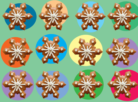 Christmas or winter background. Ginger biscuits in the form of snowflakes on colored circles. An original idea.の写真素材