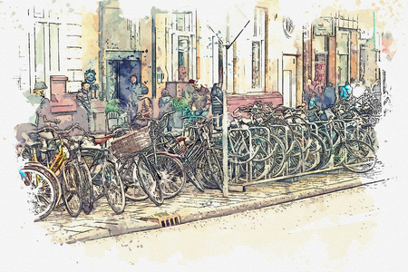 illustration or watercolor sketch. Lots of people and bikes on the street in Amsterdam. Everyday city life.の写真素材