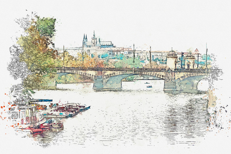 illustration of a beautiful view of Prague in the Czech Republic. Watercolor sketchの写真素材