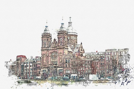 illustration or watercolor sketch. Traditional old architecture in Amsterdam. European architecture. Residential buildings and the Cathedral.の写真素材