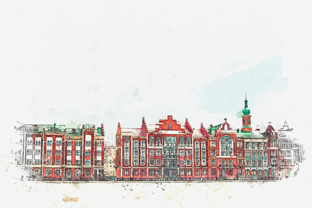 Watercolor sketch or illustration of traditional European architecture in the Belgian style. Colored houses in a row.の写真素材