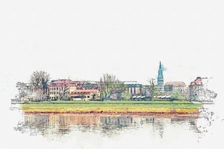 A watercolor sketch or an illustration. Beautiful view of the architecture of Dresden on the banks of the Elbe River.の写真素材