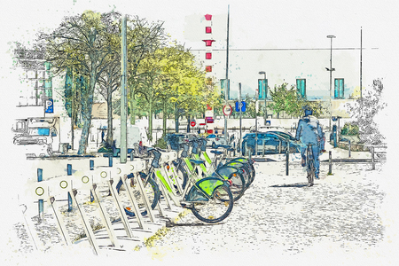 A watercolor sketch or an illustration. Street bike rental in Lisbon in Portugal. The man rented a bicycle and drove off.の写真素材
