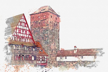 A watercolor sketch or an illustration of traditional German architecture in Nuremberg in Germany. Landmark executioner house.の写真素材