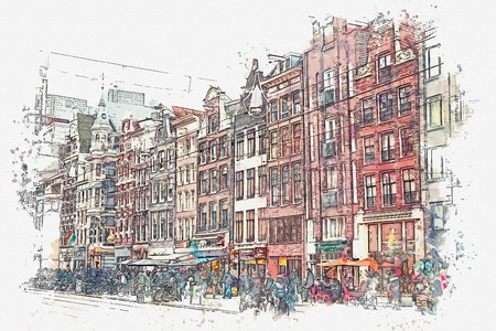 illustration or watercolor sketch. Traditional old architecture in Amsterdam. European architecture. Everyday city life.の写真素材