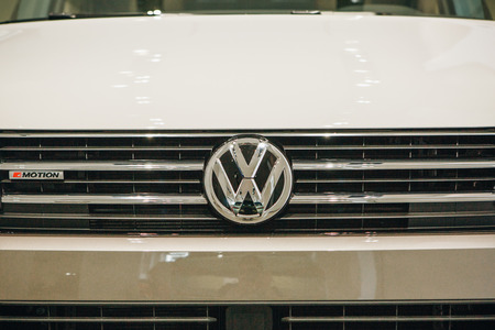 Berlin, August 29, 2018: Close-up sign VW on new Volkswagen multivan presented at the official Auto Show Drive - Volkswagen Group Forum in Berlin.のeditorial素材
