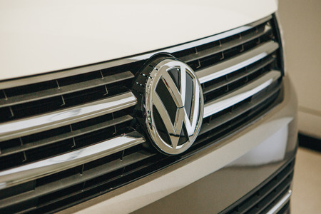 Berlin, August 29, 2018: Close-up sign VW on new Volkswagen multivan presented at the official Auto Show Drive - Volkswagen Group Forum in Berlin.のeditorial素材