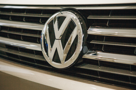 Berlin, August 29, 2018: Close-up sign VW on new Volkswagen multivan presented at the official Auto Show Drive - Volkswagen Group Forum in Berlin.のeditorial素材