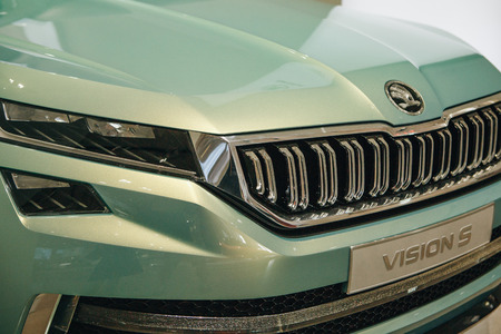 Berlin, August 29, 2018: Close-up front part of a new car Skoda Vision S.のeditorial素材