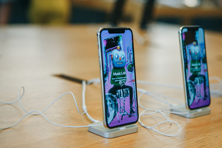 Berlin, August 29, 2018: New iPhone X stand in a row and sold in the official Apple Store in Berlin.
