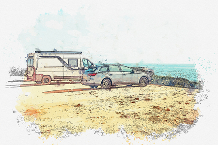 A watercolor sketch or an illustration. Parking on the shore of the ocean or the sea. Travel by car. Road adventure.の写真素材