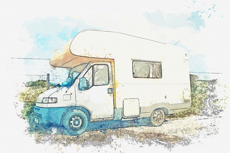 A watercolor sketch or an illustration. A motor home or a house on wheels is parked on the side of the road. Road trip or traveling by car.の写真素材