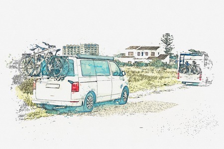 A watercolor sketch or an illustration. A motor home or a house on wheels is parked on the side of the road. Road trip or traveling by car.の写真素材