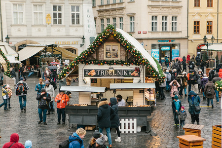 Prague, December 25, 2017: Traditional Christmas market on the main square of the city.のeditorial素材
