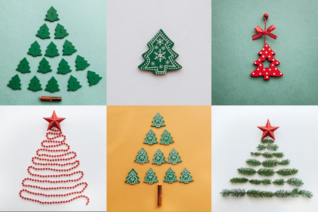 Creative idea various Christmas trees on multi-colored backgrounds. Celebration of Christmas and New...